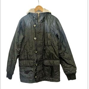 Paul Frank Vintage Black Quilted Shearling  Hoodie Ribbed Cuff Puffer Jacket M